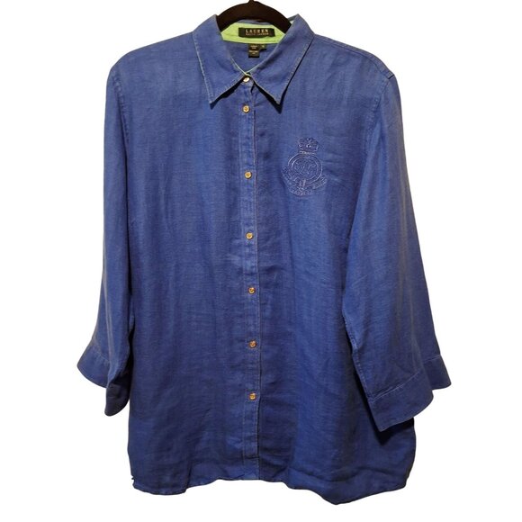 Lauren Ralph Lauren Blue Linen Button-Up Shirt 1X With Embroidered Crest Logo Lo - Picture 1 of 13